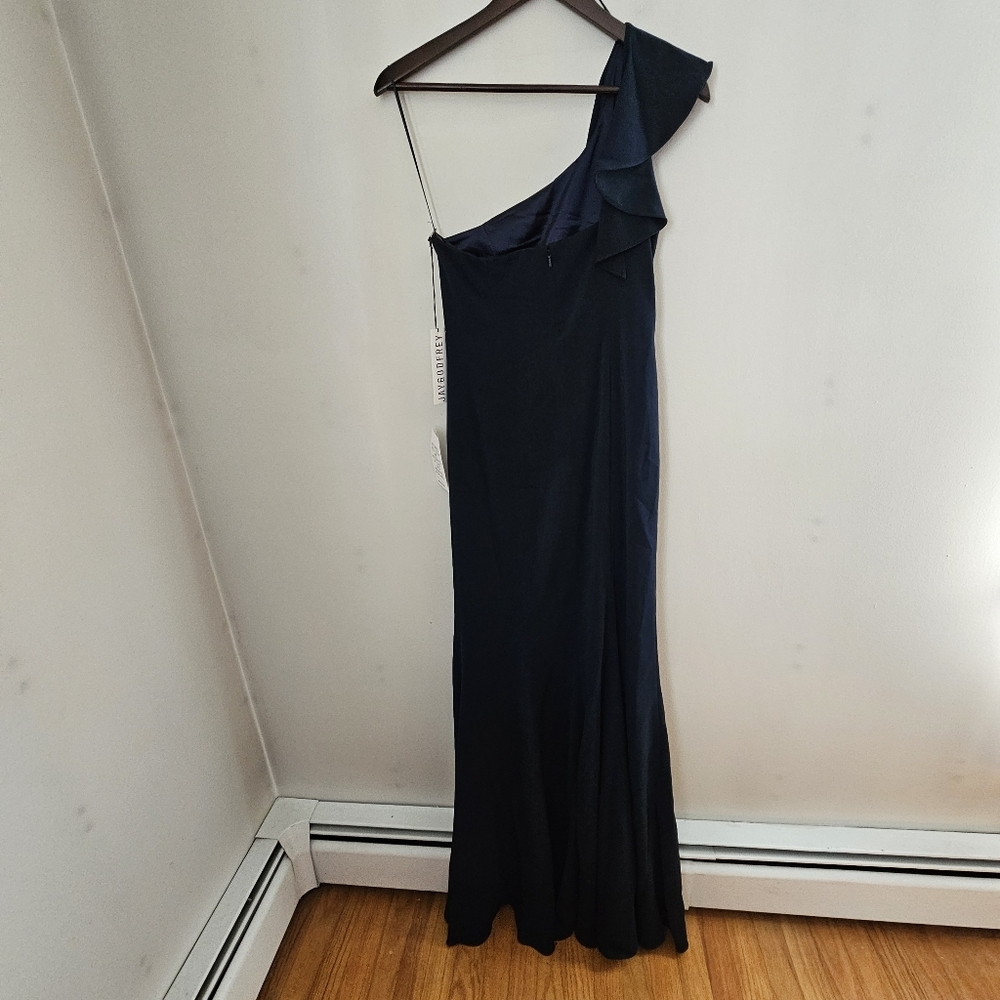 Jay Godfrey Osgood Gown Navy Blue One-Shoulder Dress Formal Ruffle Neutral Solid - Picture 7 of 13